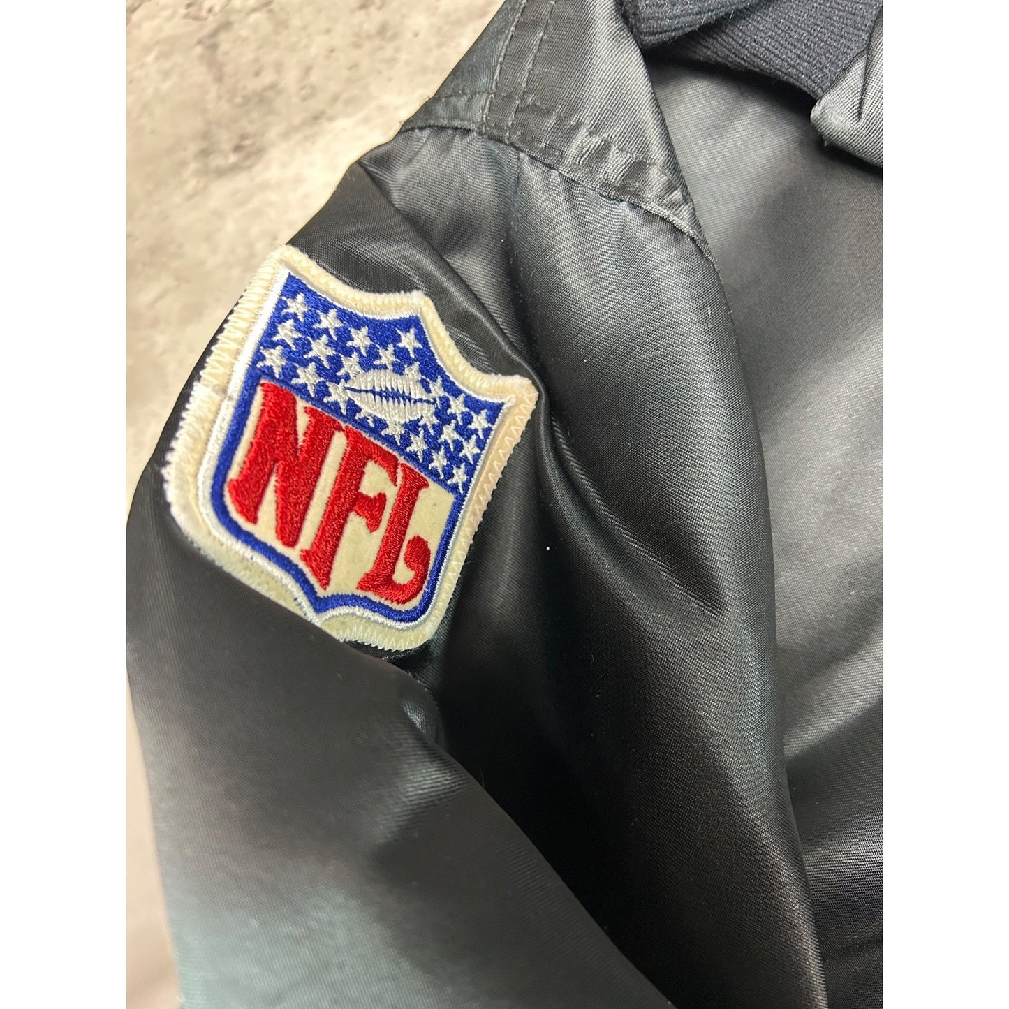 Vintage 90s Oakland Raiders NFL Starter Satin Bomber Jacket Size Large Black