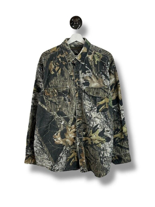 Vintage Jerzees Outdoors Mossy Oak Obsession Hunting Camo Button Up Shirt Sz XL