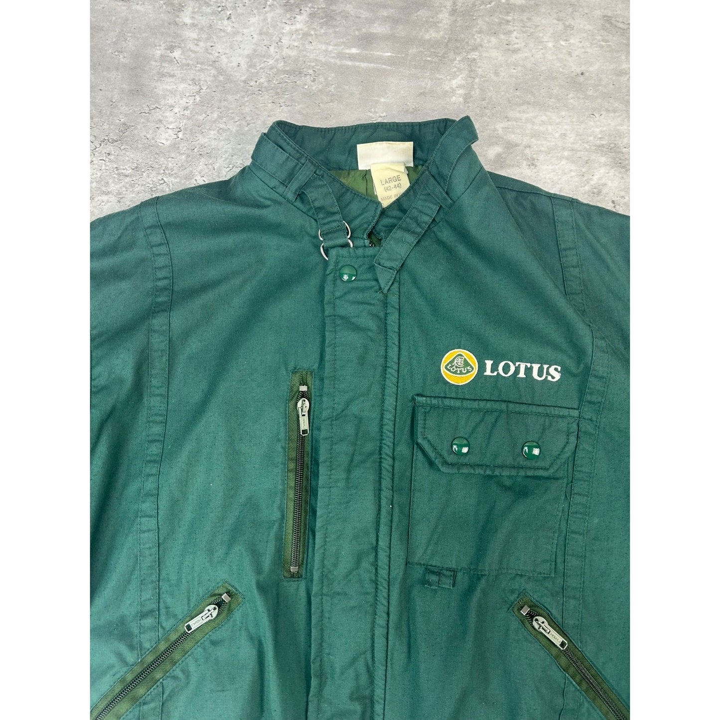 Vintage Lotus Embroidered Logo Full Zip Multi Pocket Bomber Jacket Size Large