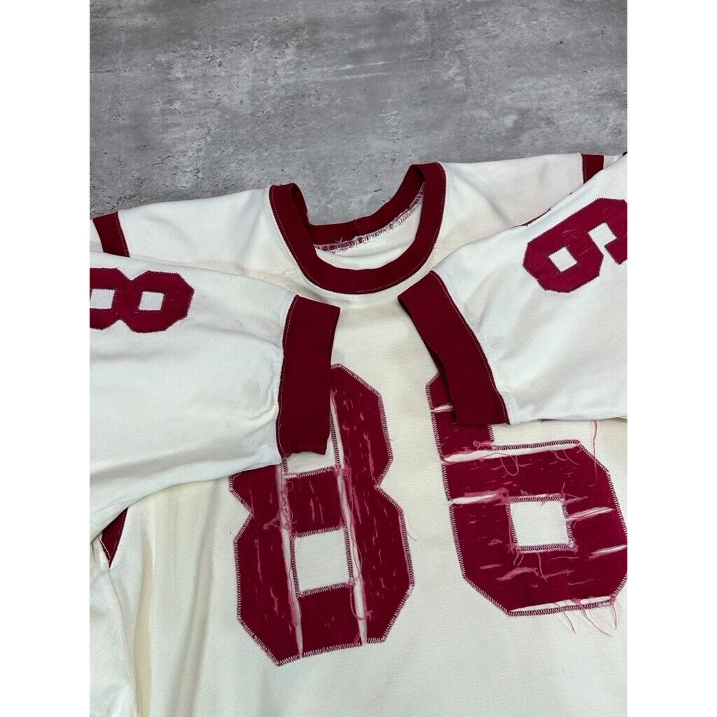 Vintage 1950s Powers #86 Two Tone Striped Football Jersey Size Large White/Red