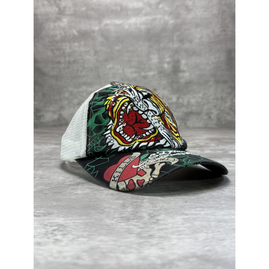 Vintage Y2K Ed Hardy Bedazzled Tiger Graphic Trucker Snapback Hat OSFA