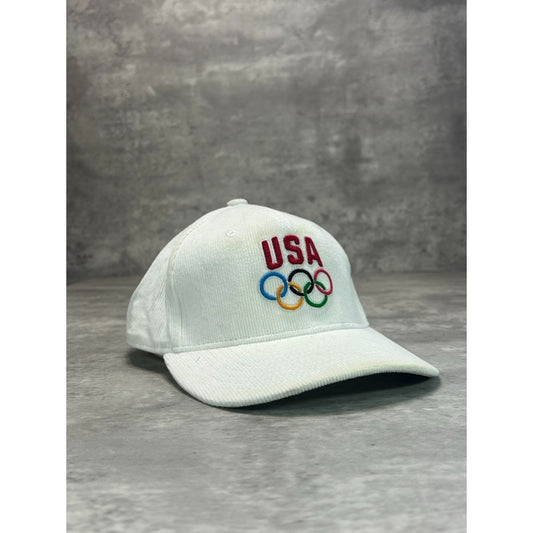 Vintage 90s USA Olympics Embroidered Logo Corduroy Strapback Hat OSFA White