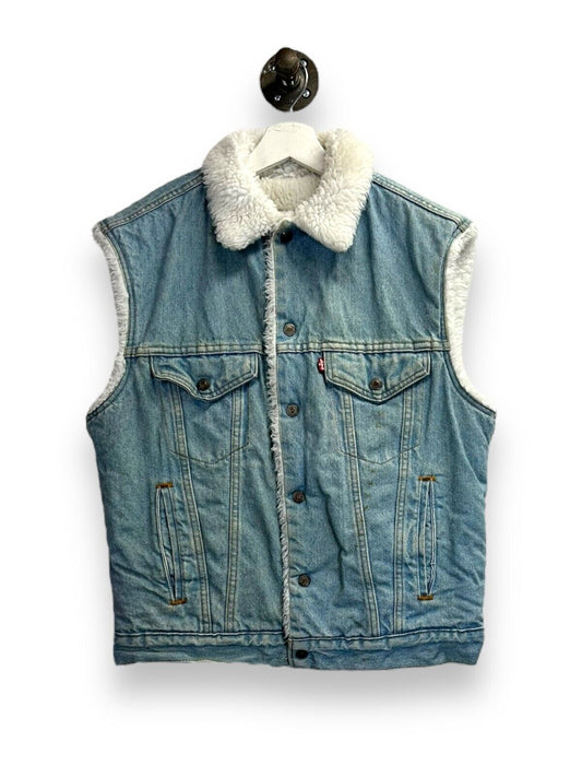 Vintage 90s Levis Sherpa Lined Light Wash Denim Trucker Vest Size Medium Blue