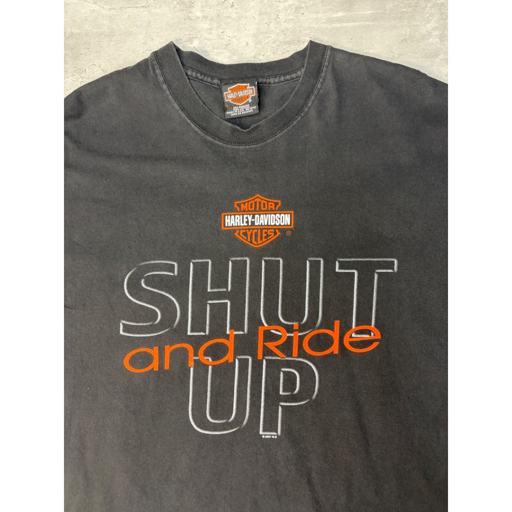 Vintage 2001 Harley Davidson Shut Up And Ride Spellout Graphic T-Shirt Sz Large