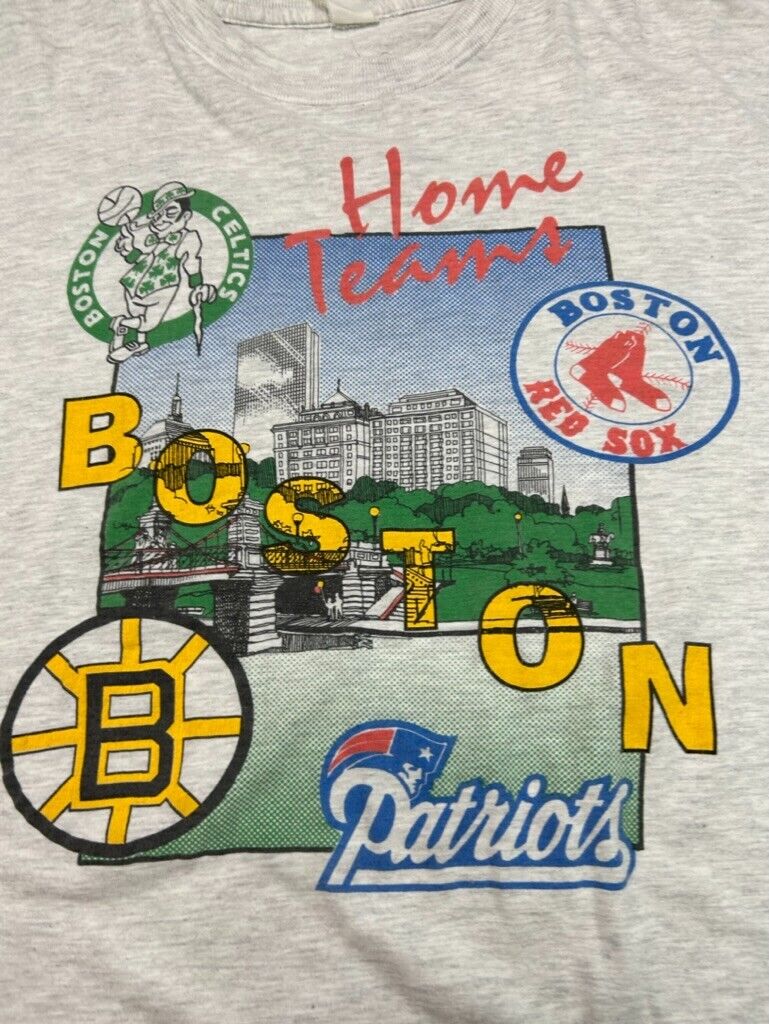 Vintage Boston Home Teams Celtics Red Sox Bruins Graphic T-Shirt Size XL Gray