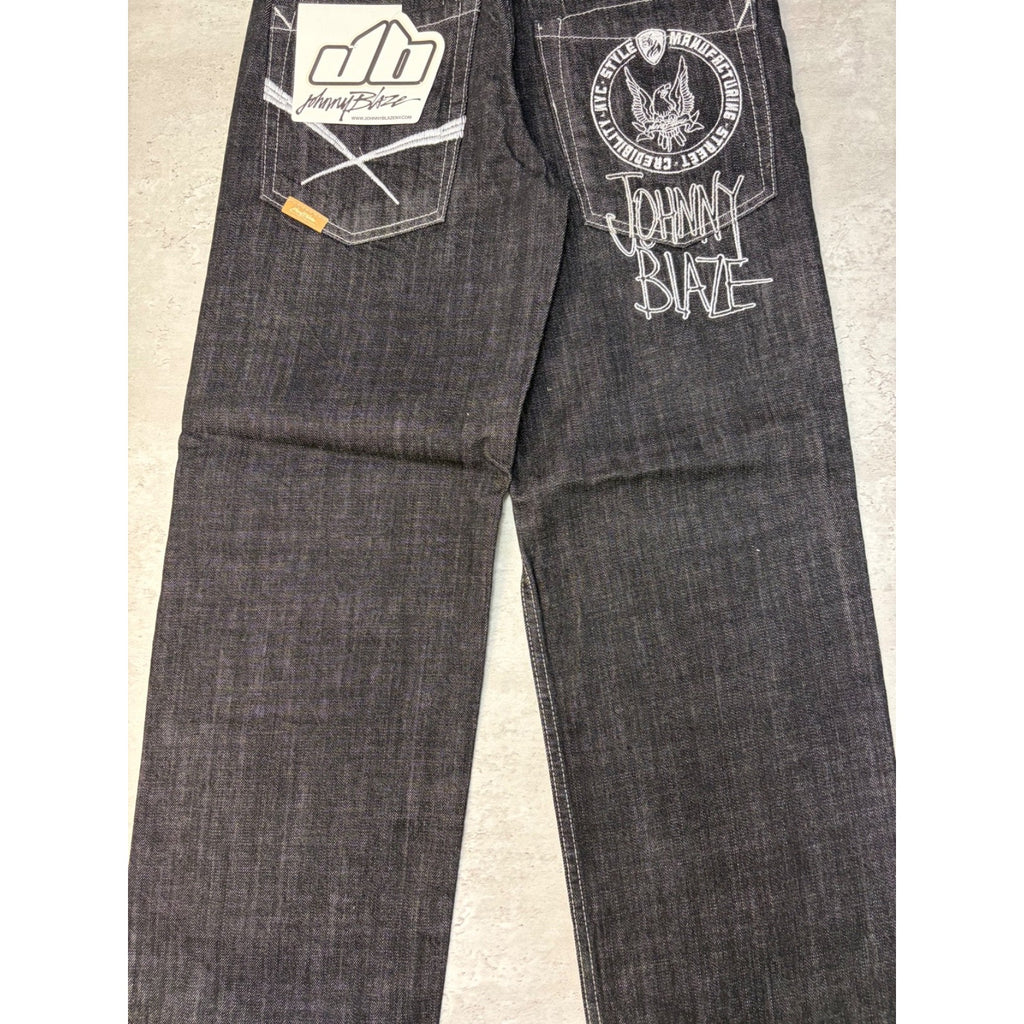 Vintage Y2K Womens Johnny Blaze Embroidered Black Wash Denim Pants