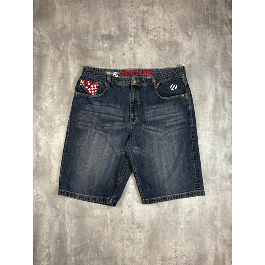 Vintage Y2K Pepe Jeans Embroidered Pockets Dark Wash Denim Shorts Size 44