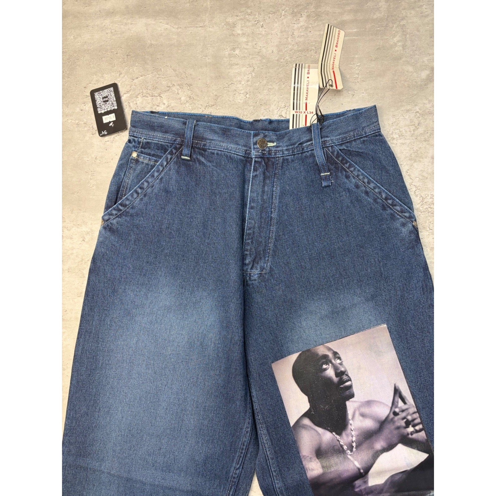 Vintage Y2K Makaveli Tupac Graphic Gothic Script Dark Wash Denim Pants
