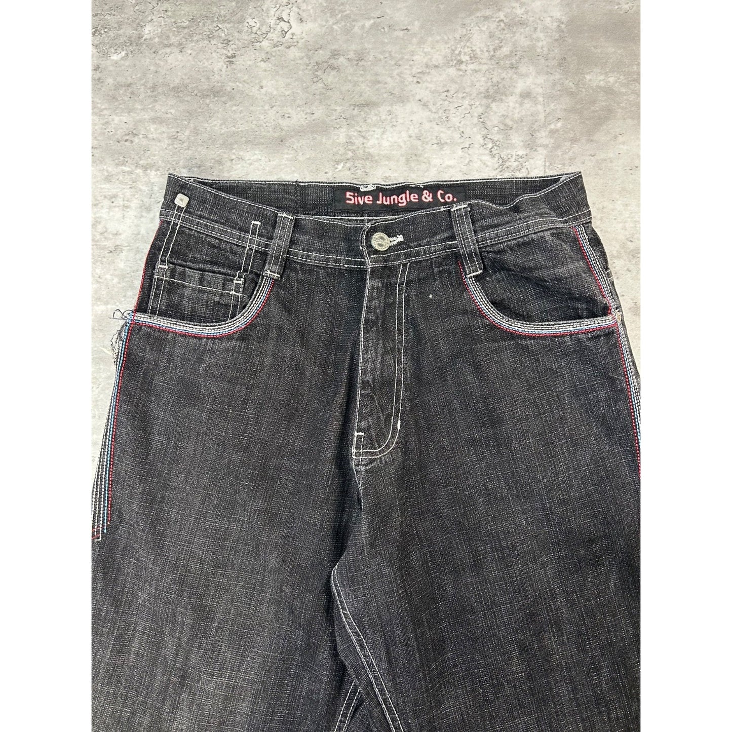 Vintage Y2K 5ive Jungle Black Wash Denim Embroidered Pocket Pants Size 33