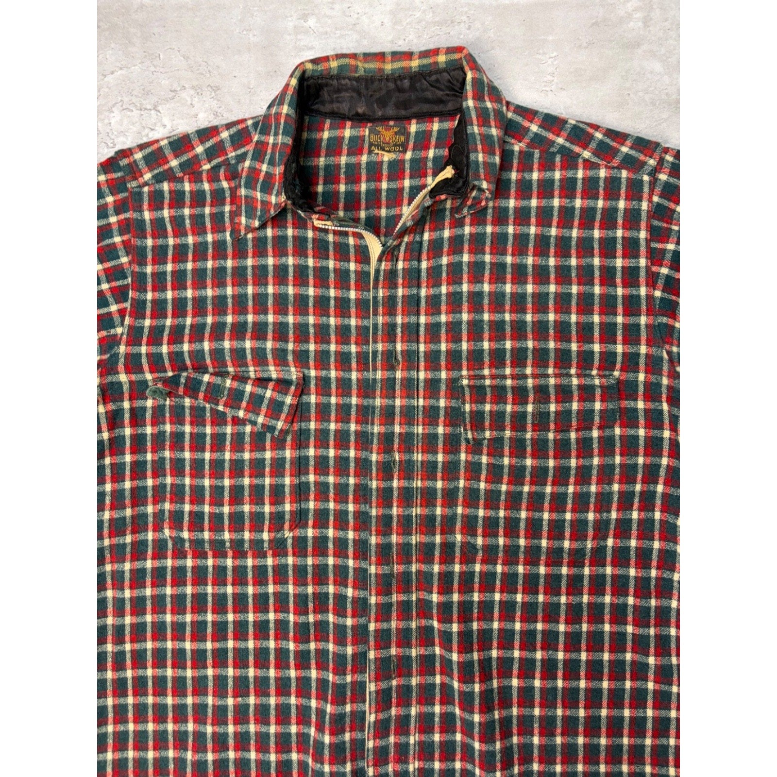 Vintage 1950s Buckskein 1005 Wool Plaid Print Full Zip Flannel Shirt Size Large