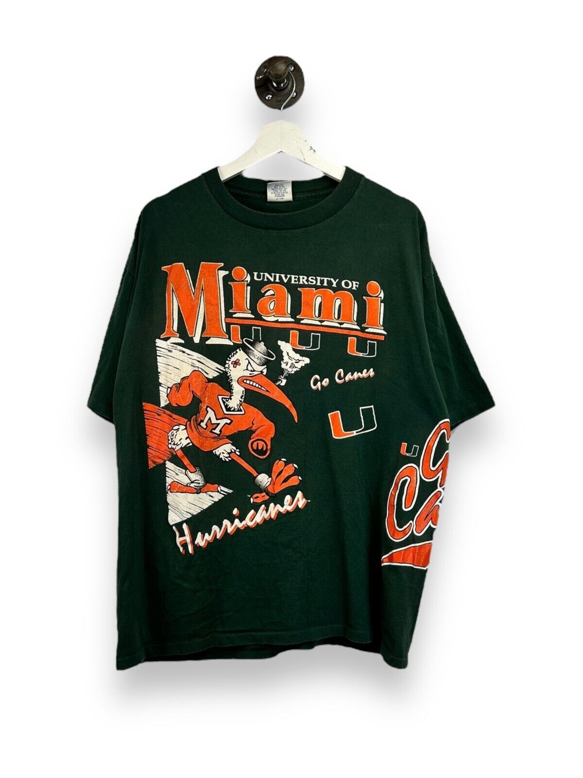 Vintage 90s Miami Hurricanes NCAA Wraparound Print Collegiate T-Shirt Size XL