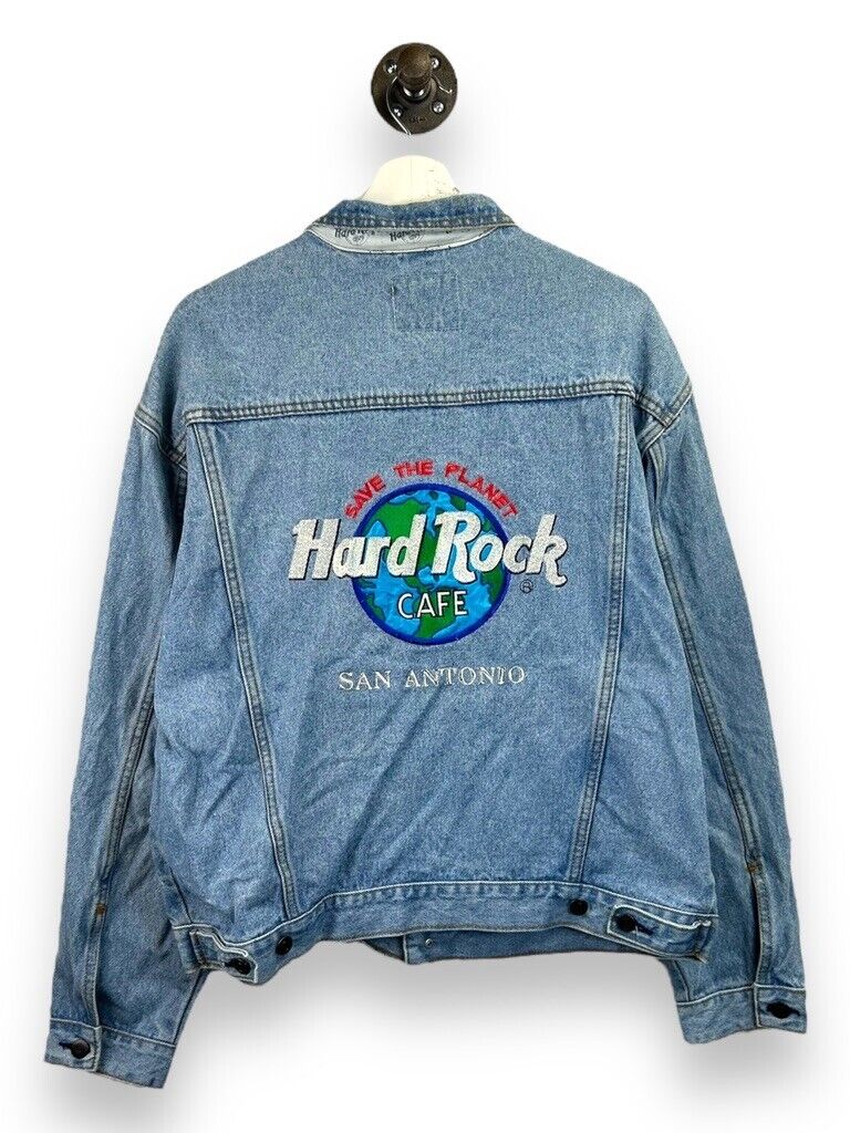 VTG 90s Hard Rock Cafe San Antonio Save The Planet Denim Trucker Jacket Sz Large