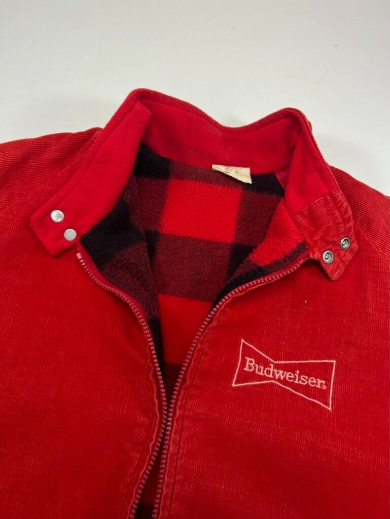 Vintage 90s Budweiser Blanket Lined Corduroy Bomber Jacket Size Large Red