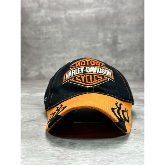 Vintage Harley Davidson Embroidered Logo Flame Brim Strapback Hat OSFA Black