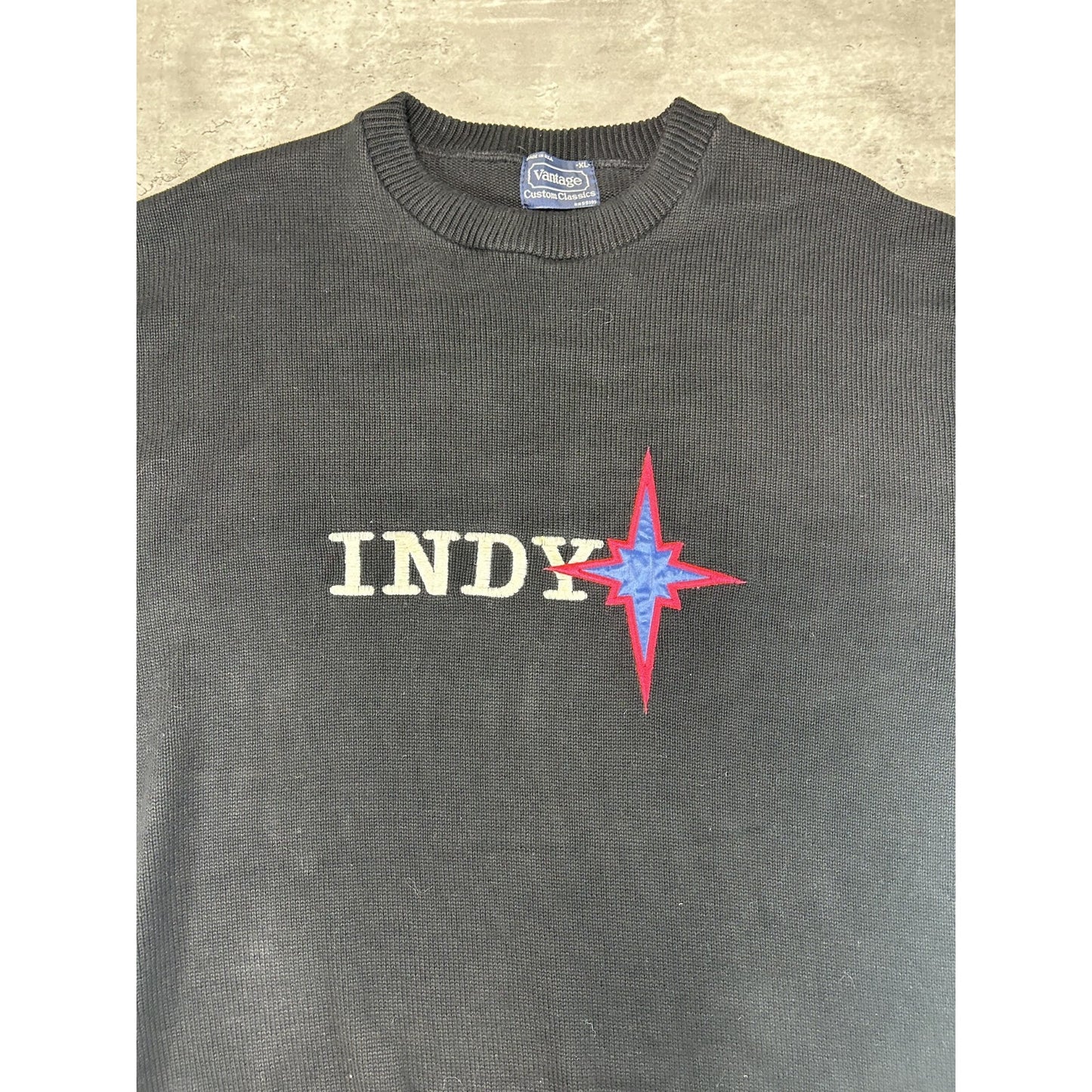 Vintage 90s Indy Embroidered Spellout Ribbed Knit Sweater Size XL Black