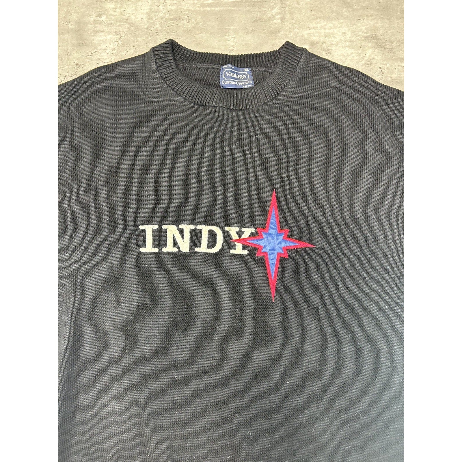Vintage 90s Indy Embroidered Spellout Ribbed Knit Sweater Size XL Black