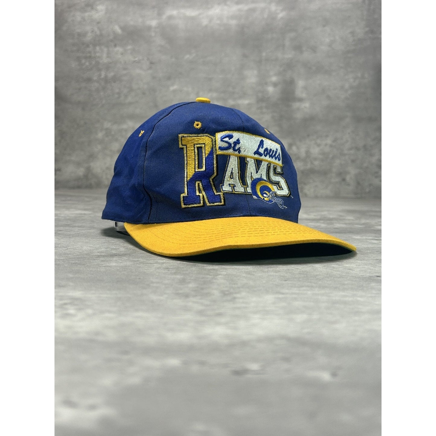Vintage 90s St Louis Rams NFL Embroidered Spellout Snapback Hat OSFA