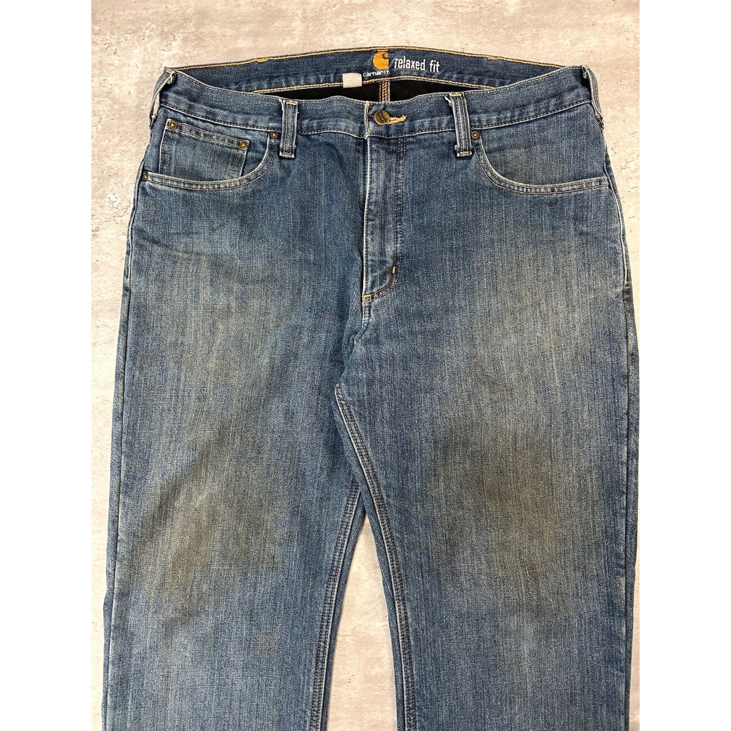 Carhartt Relaxed Fit Fleece Lined Dark Wash Workwear Denim Pants Size 37 Blue