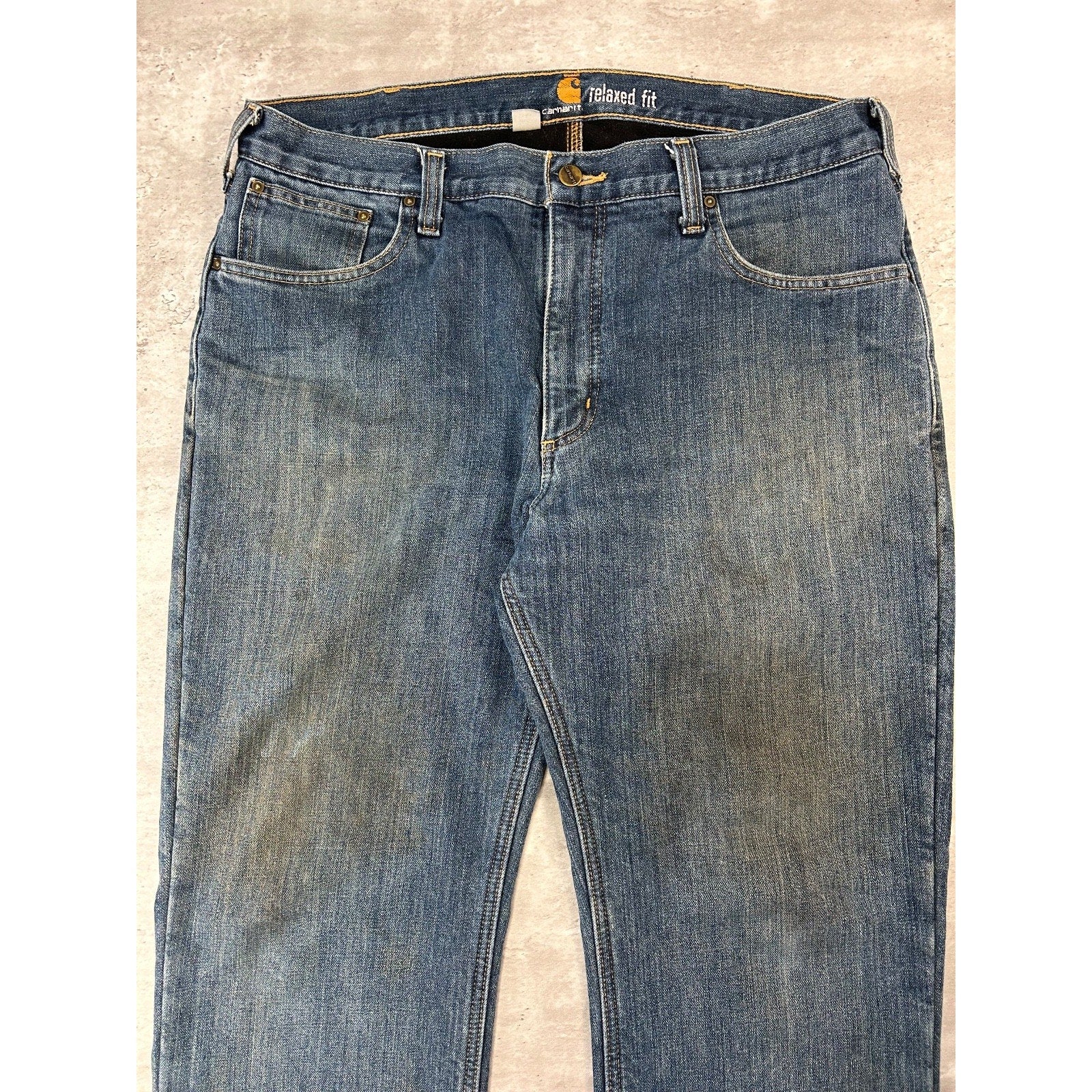 Carhartt Relaxed Fit Fleece Lined Dark Wash Workwear Denim Pants Size 37 Blue