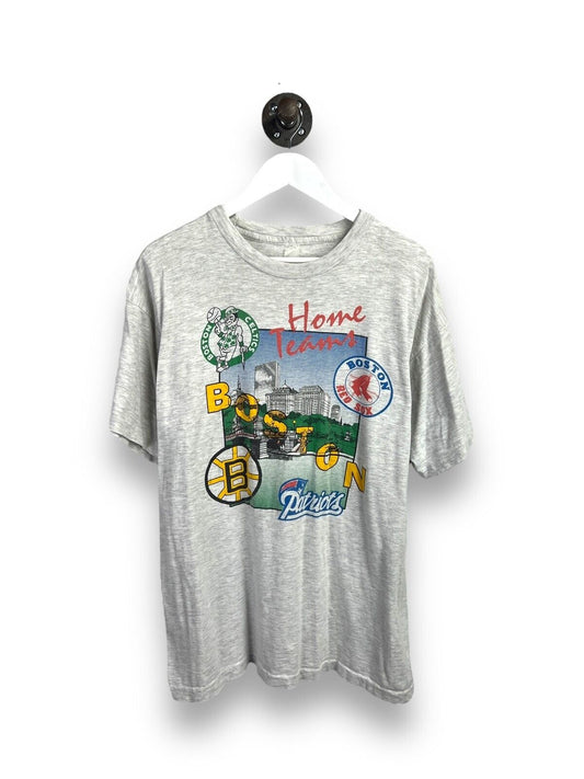 Vintage Boston Home Teams Celtics Red Sox Bruins Graphic T-Shirt Size XL Gray