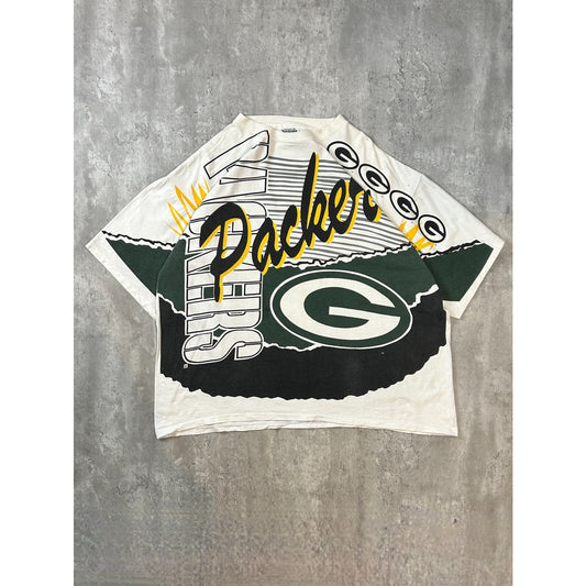 Vintage 90s Green Bay Packers NFL All Over Print Graphic T-Shirt Size 3XL