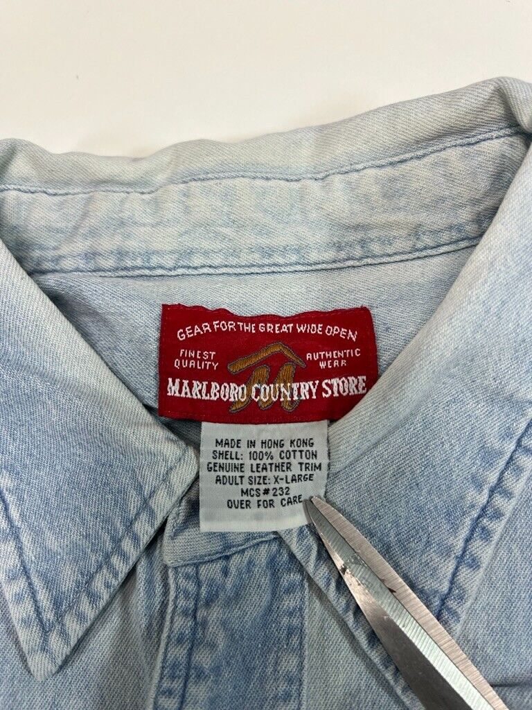 Vintage 90s Marlboro Country Store Double Pocket Denim Button Up Shirt Sz XL