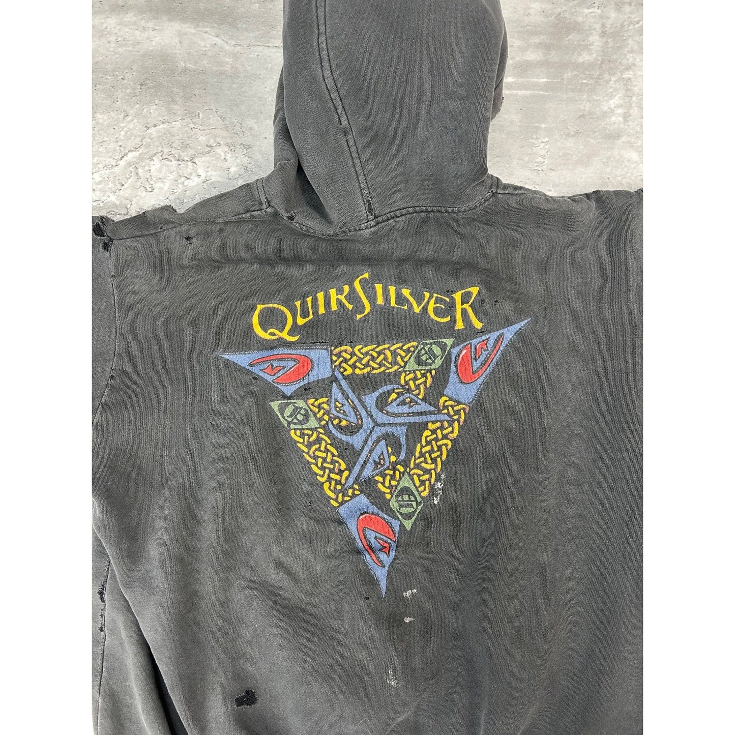 Vintage 90s Quiksilver Distressed Graphic Hooded Sweatshirt Size Small