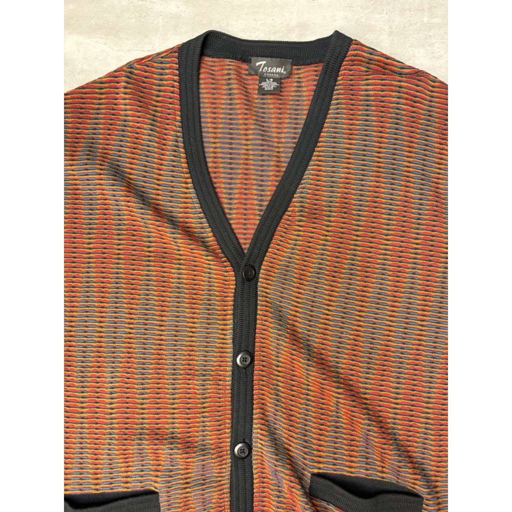Vintage 90s Tosani Ripple Stripe Print Knit Cardigan Sweater Size Large