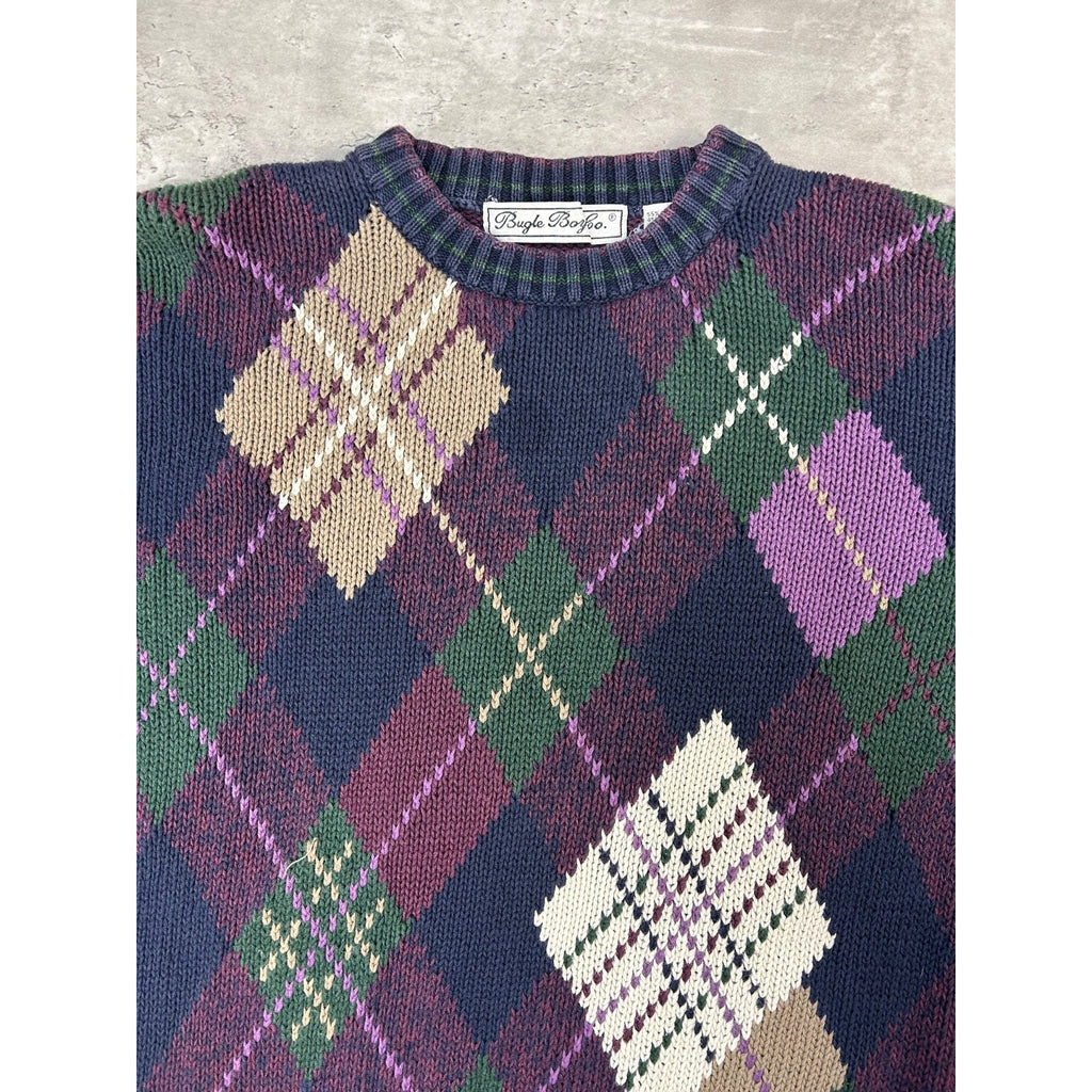 Vintage 90s Bugle Boys Argyle Print Pullover Knit Sweater Size XL