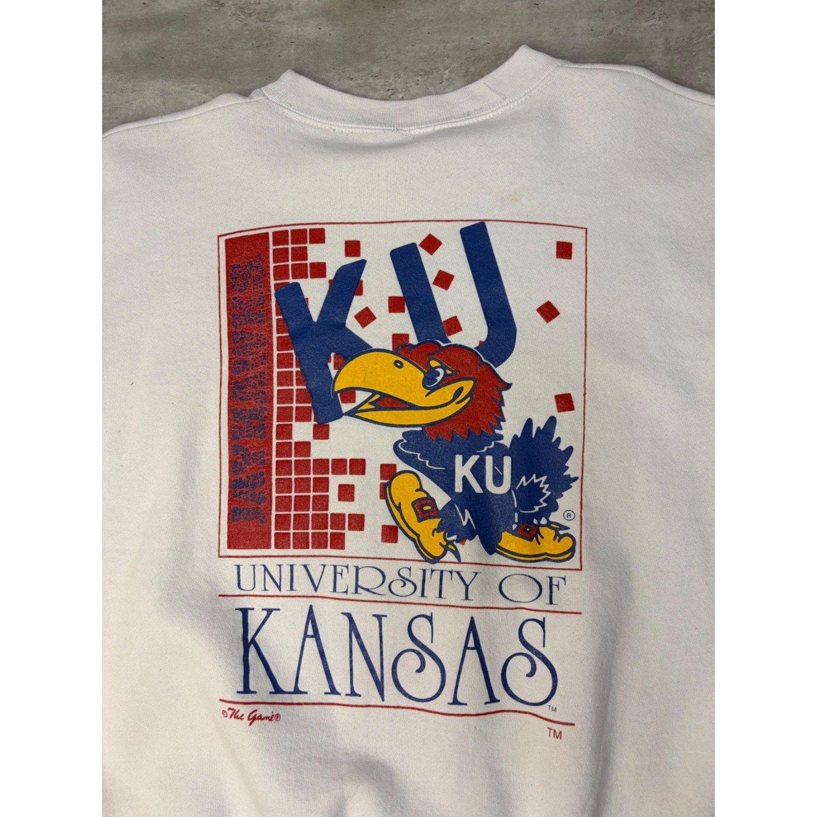90s University Of Kansas NCAA Mascot Graphic Spellout Sweatshirt Size Large