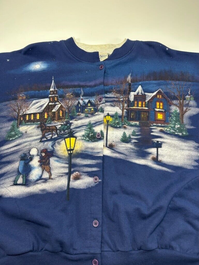 Vintage 90s Winter Village Landscape All Over Print Cardigan Sweatshirt Sz Large