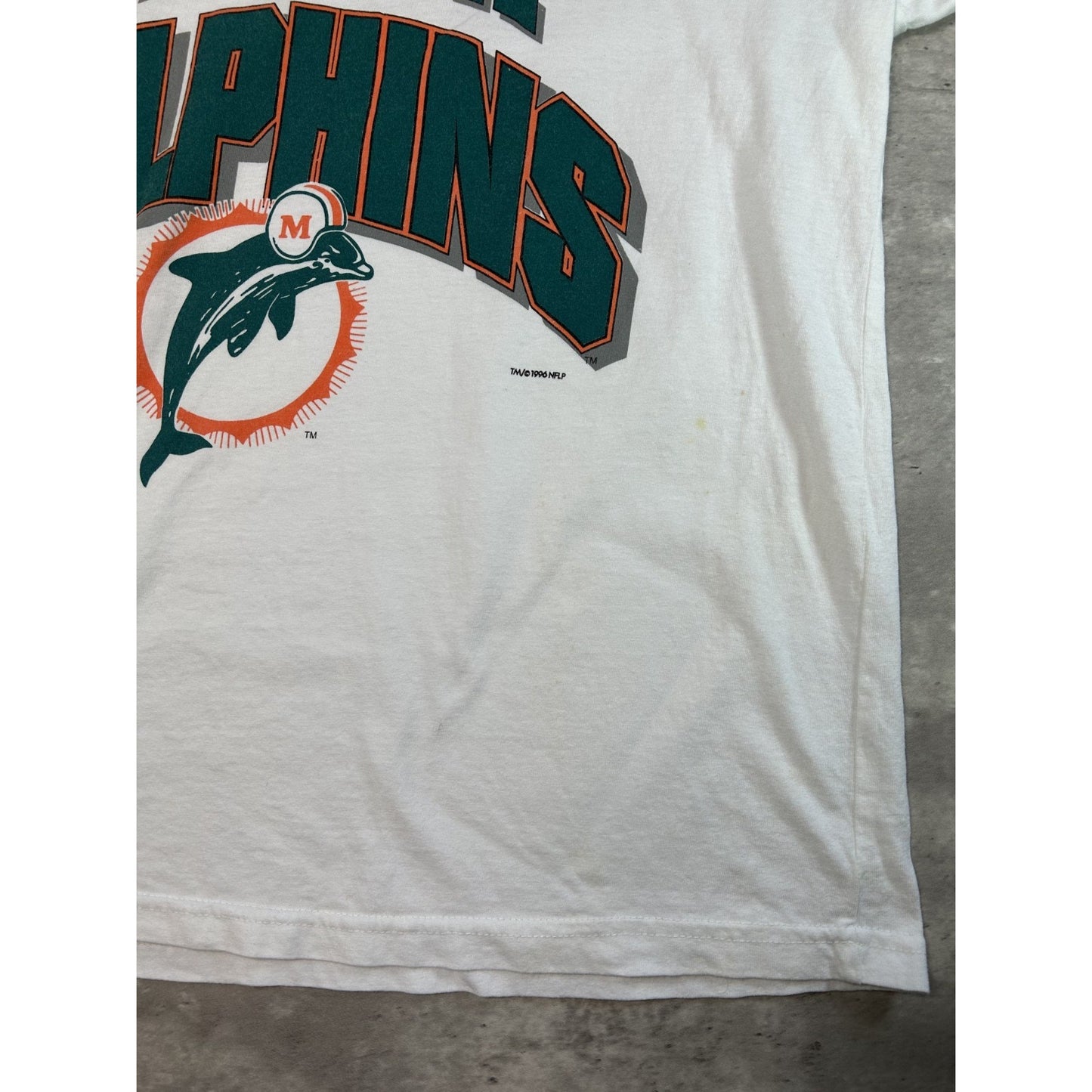 Vintage 1996 Miami Dolphins NFL Jersey Style Spellout 3/4 Sleeve T-Shirt Size XL
