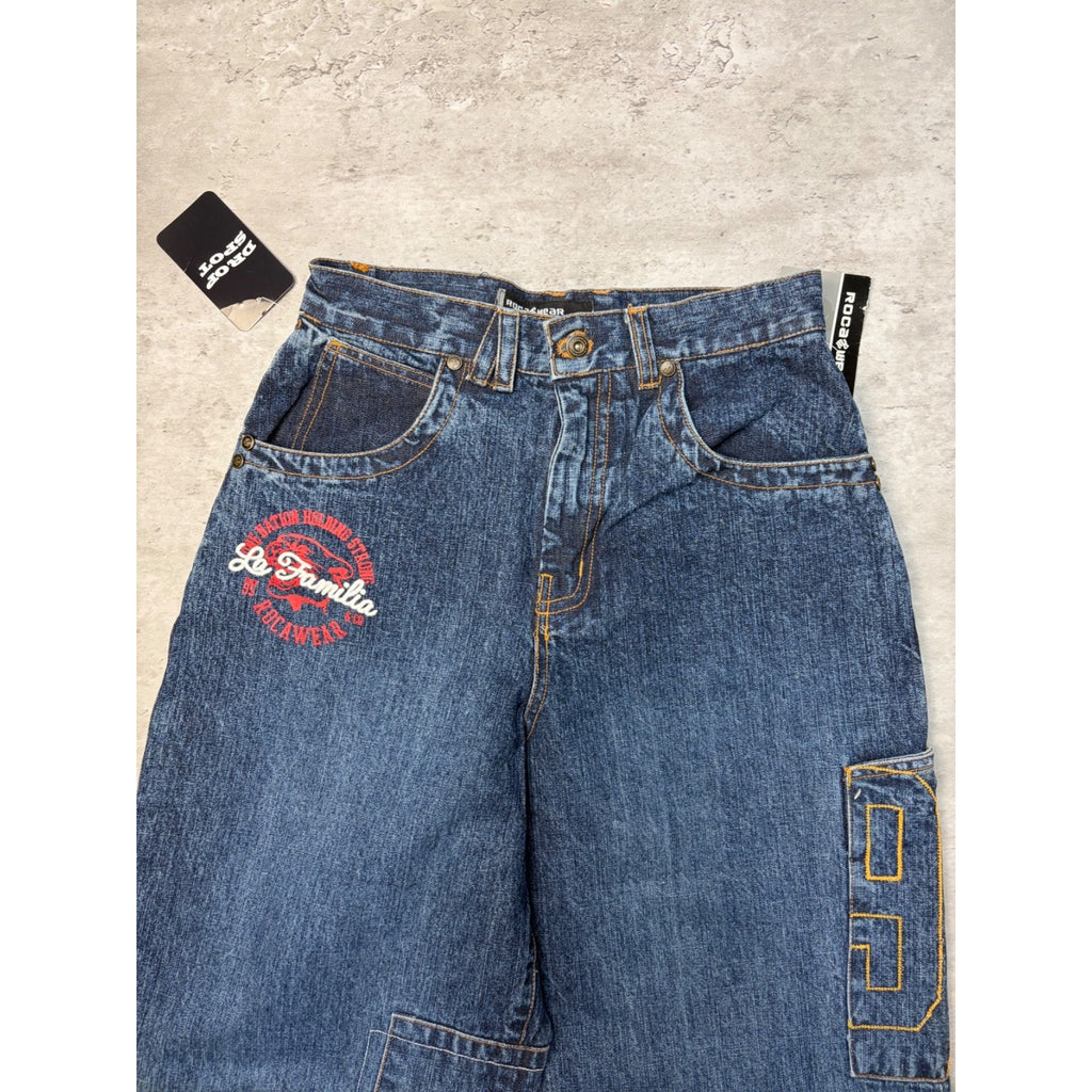 Vintage Y2K Womens Rocawear La Familia Embroidered Medium Wash Denim Pants 26x29