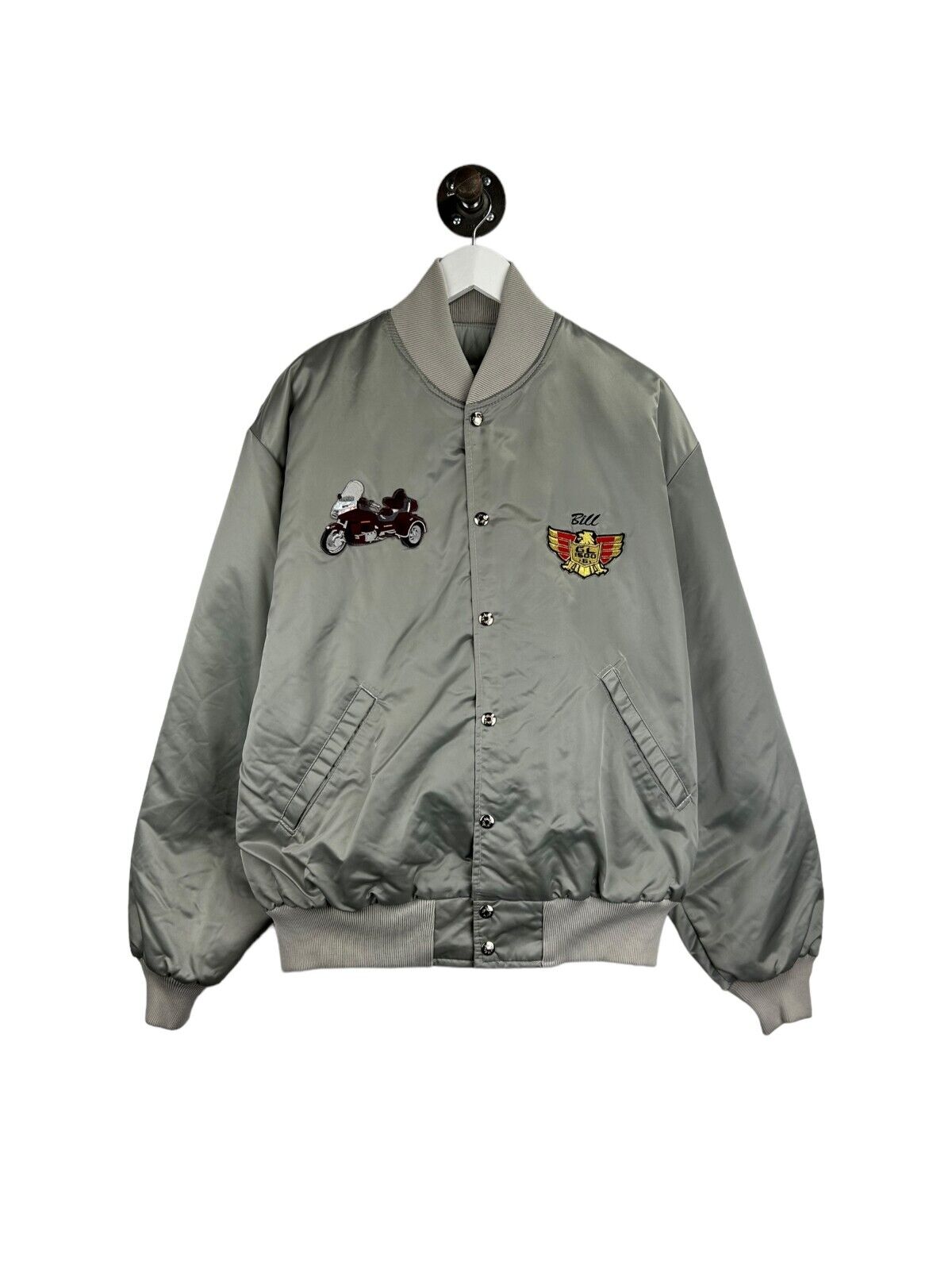 Vintage 80s GL1500 Motorcycle Club Embroidered Satin Bomber Jacket Sz Large Gray