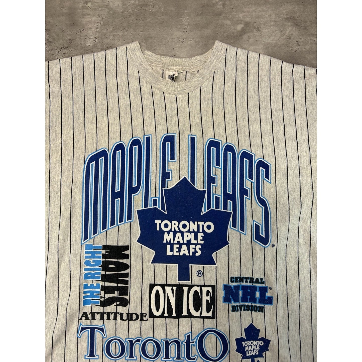 VTG 90s Toronto Maple Leafs NHL Pinstripe All Over Print 3/4 Sleeve T-Shirt Lg
