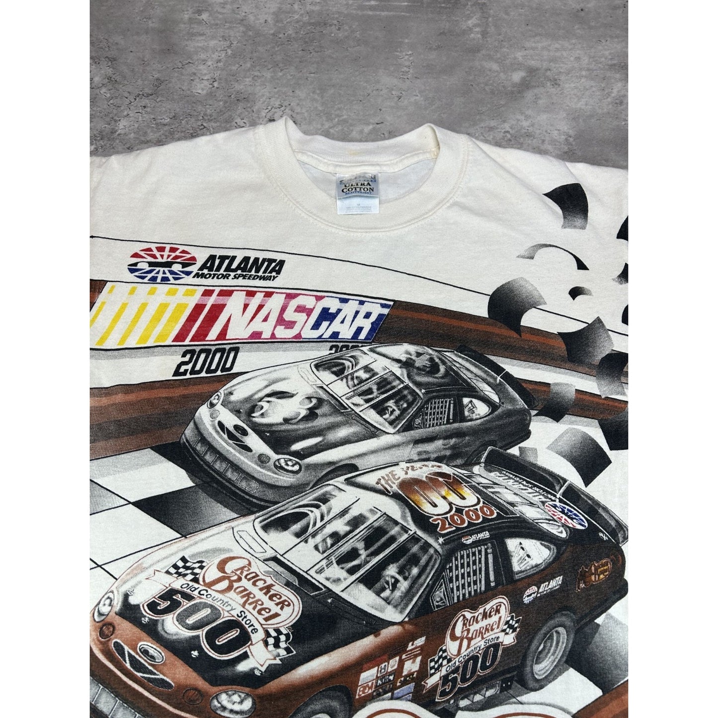 Vintage 90s Nascar Cracker Barrel 500 All Over Print Graphic T-Shirt Size Medium