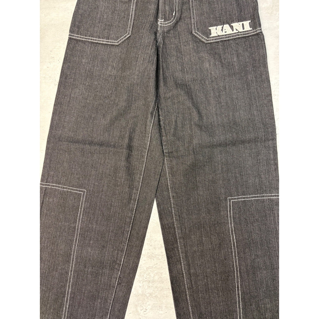 Vintage Y2K Womens Kani Embroidered Spellout Black Wash Denim Pants Size 28x29