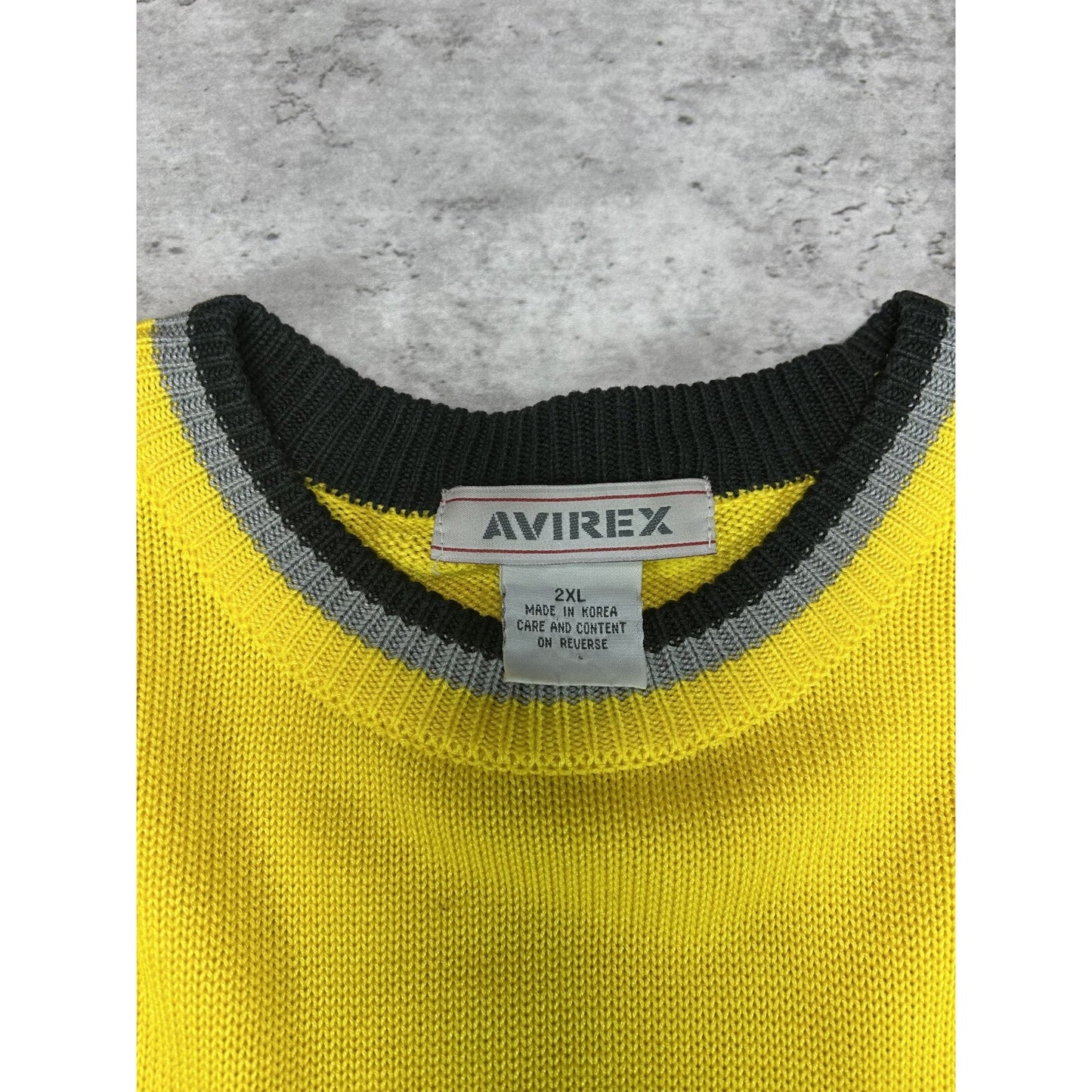 Vintage 90s Avirex Embroidered Spellout Pullover Knit Sweater Size XXL Yellow