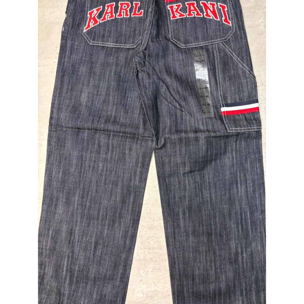 Vintage Y2K Womens Kani Embroidered Arc Spellout Dark Wash Denim Pants