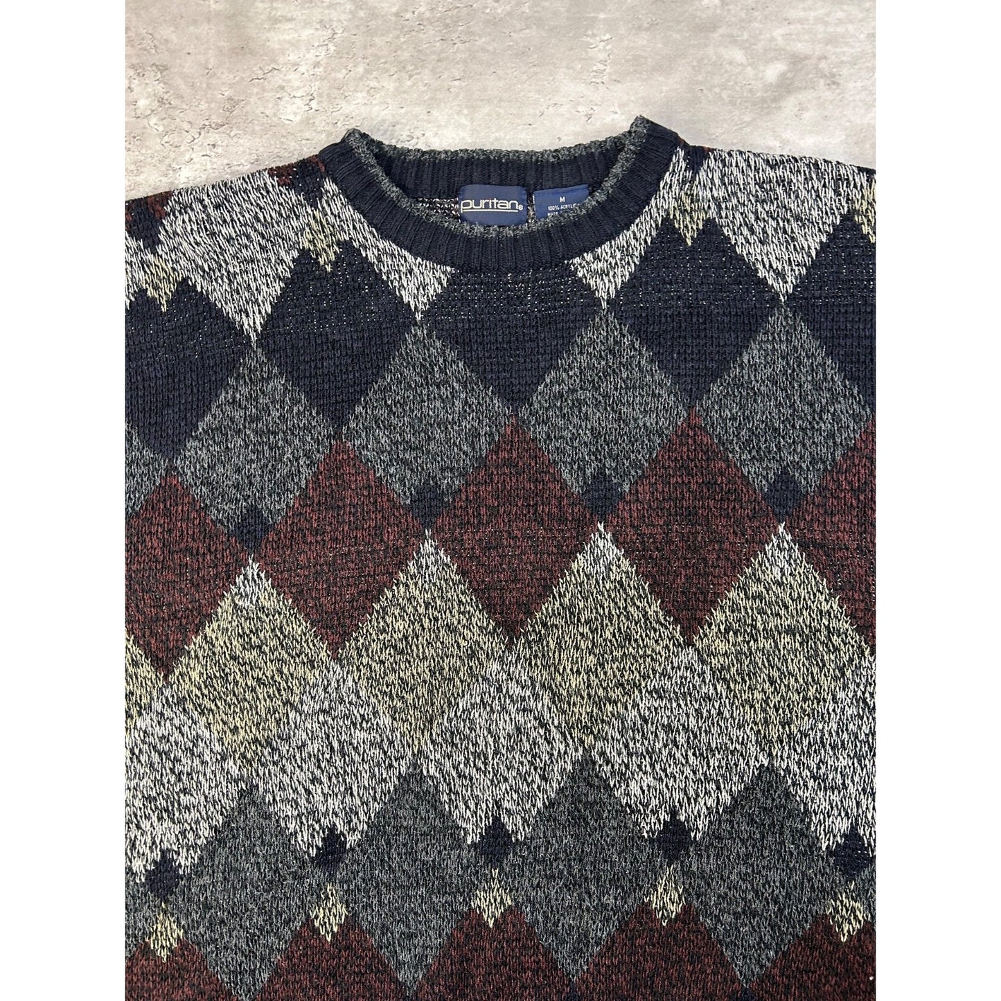 Vintage Puritan Diamond Stripe Print Pullover Knit Sweater Size Medium