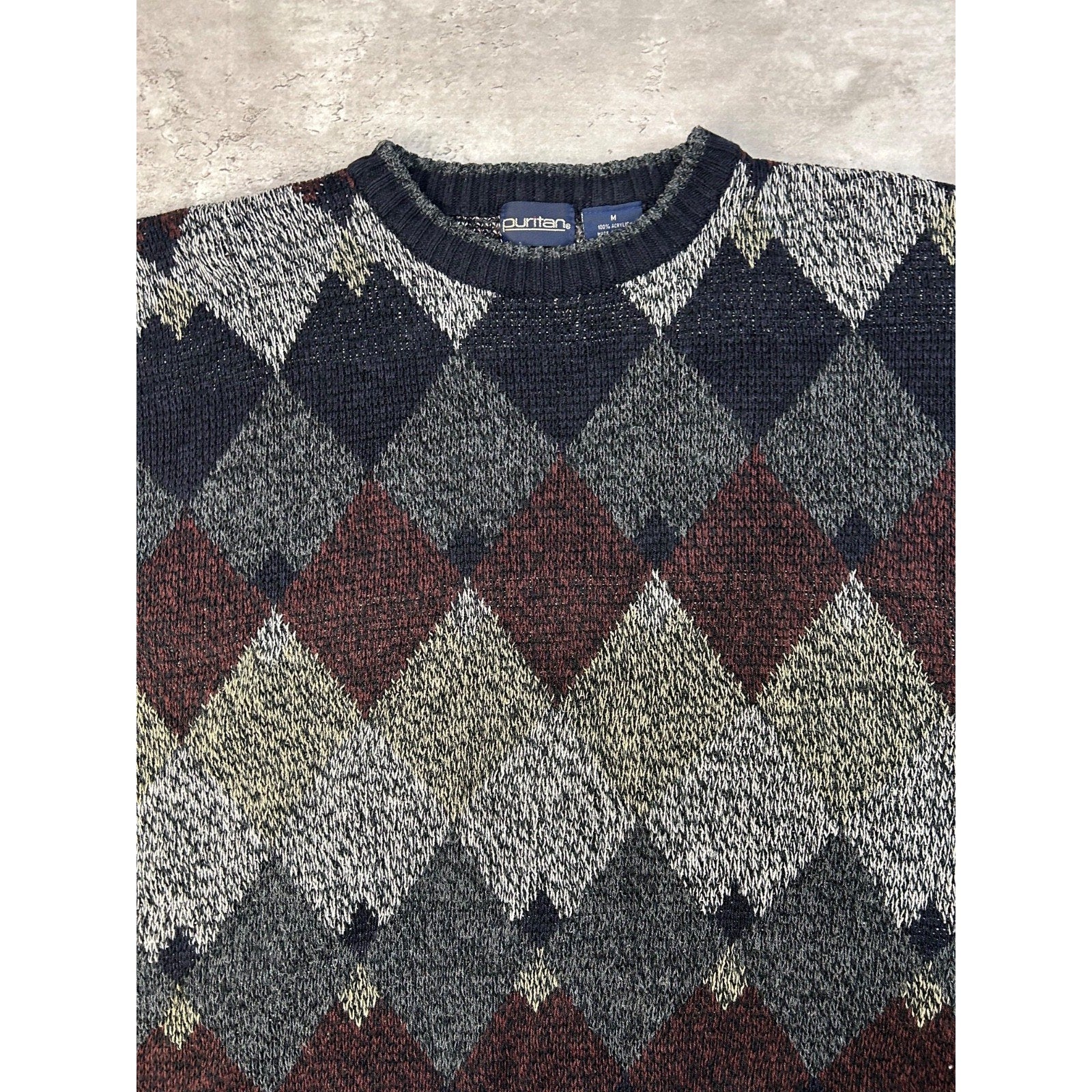 Vintage Puritan Diamond Stripe Print Pullover Knit Sweater Size Medium