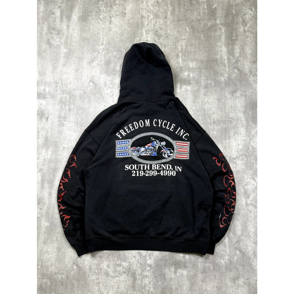Vintage 2001 Freedom Cycle Inc Flame Graphic Hooded Sweatshirt Size XL