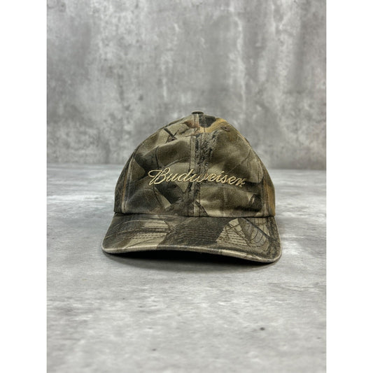 Vintage Budweiser Embroidered Spellout Tree Camo Hunting Strapback Hat OSFA
