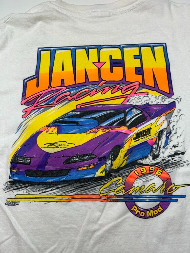 Vintage 1996 Jancen Racing Pro Mod Camaro Car Graphic T-Shirt Size XL White