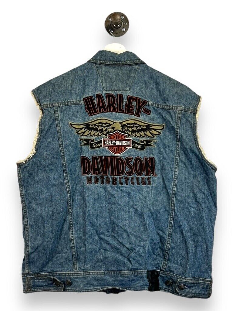 Harley Davidson Motorcycles Embroidered Medium Wash Denim Vest Size XL Blue