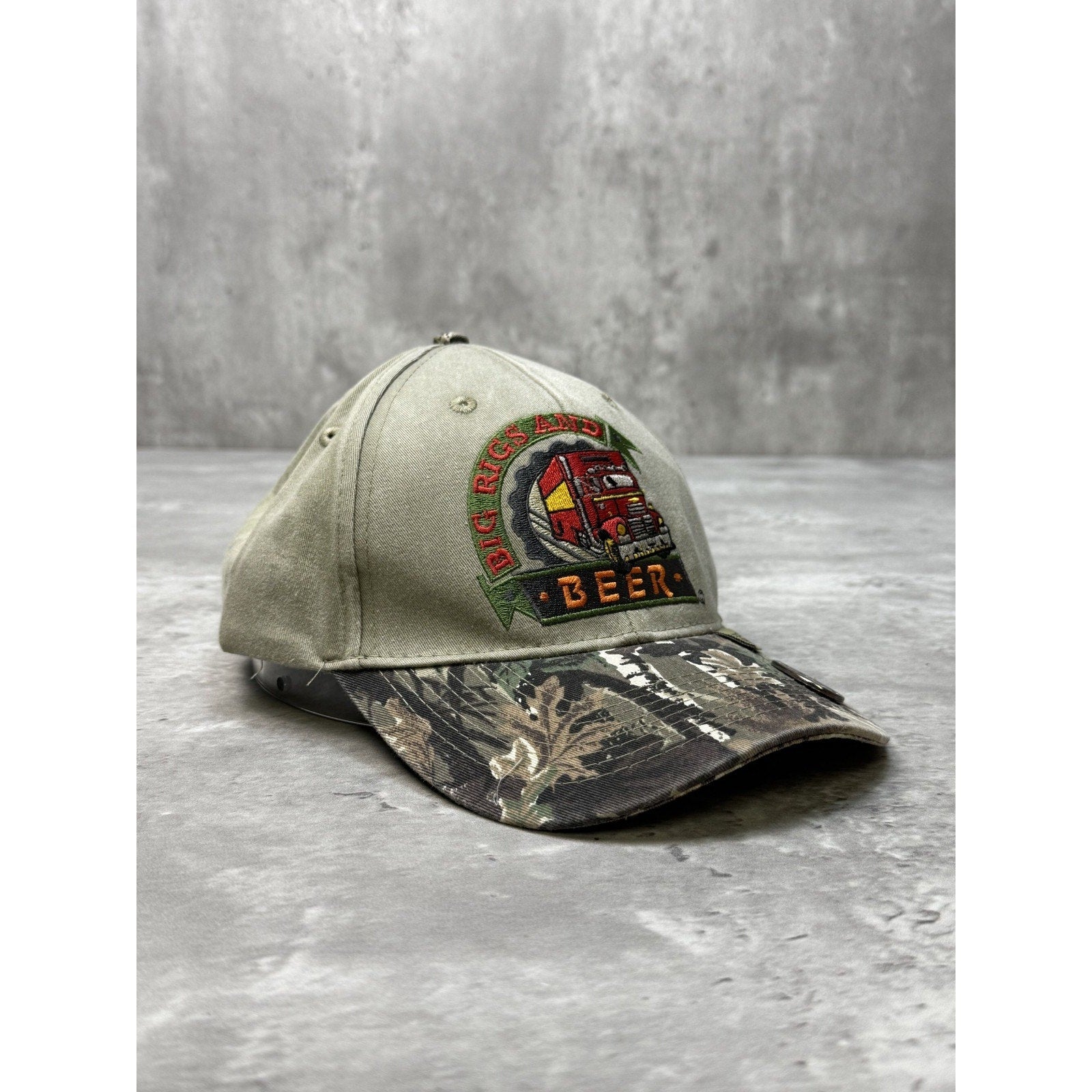 Vintage Big Rigs & Beer Embroidered Logo Bottle Opener Camo Strapback Hat OSFA
