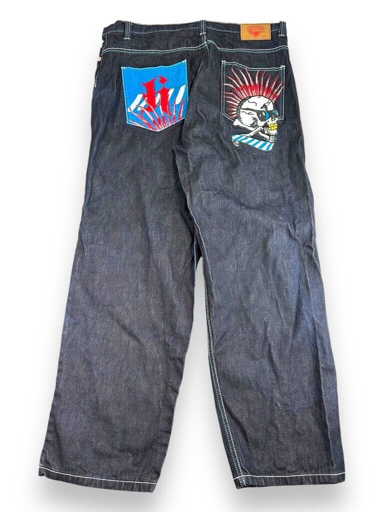 Ed Hardy Embroidered Patch Y2K Style Baggy Fit Dark Wash Pants Size 41