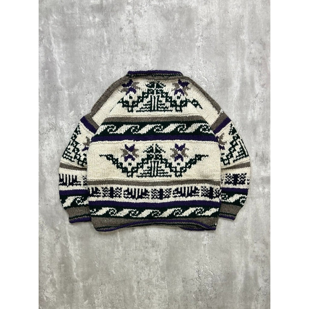 Vintage 80s/90s Rey Wear Geometric Print Cardigan Knit Sweater Size Large