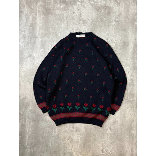 Vintage 80s St Michaels Flower Print Pullover Knit Sweater Size Large