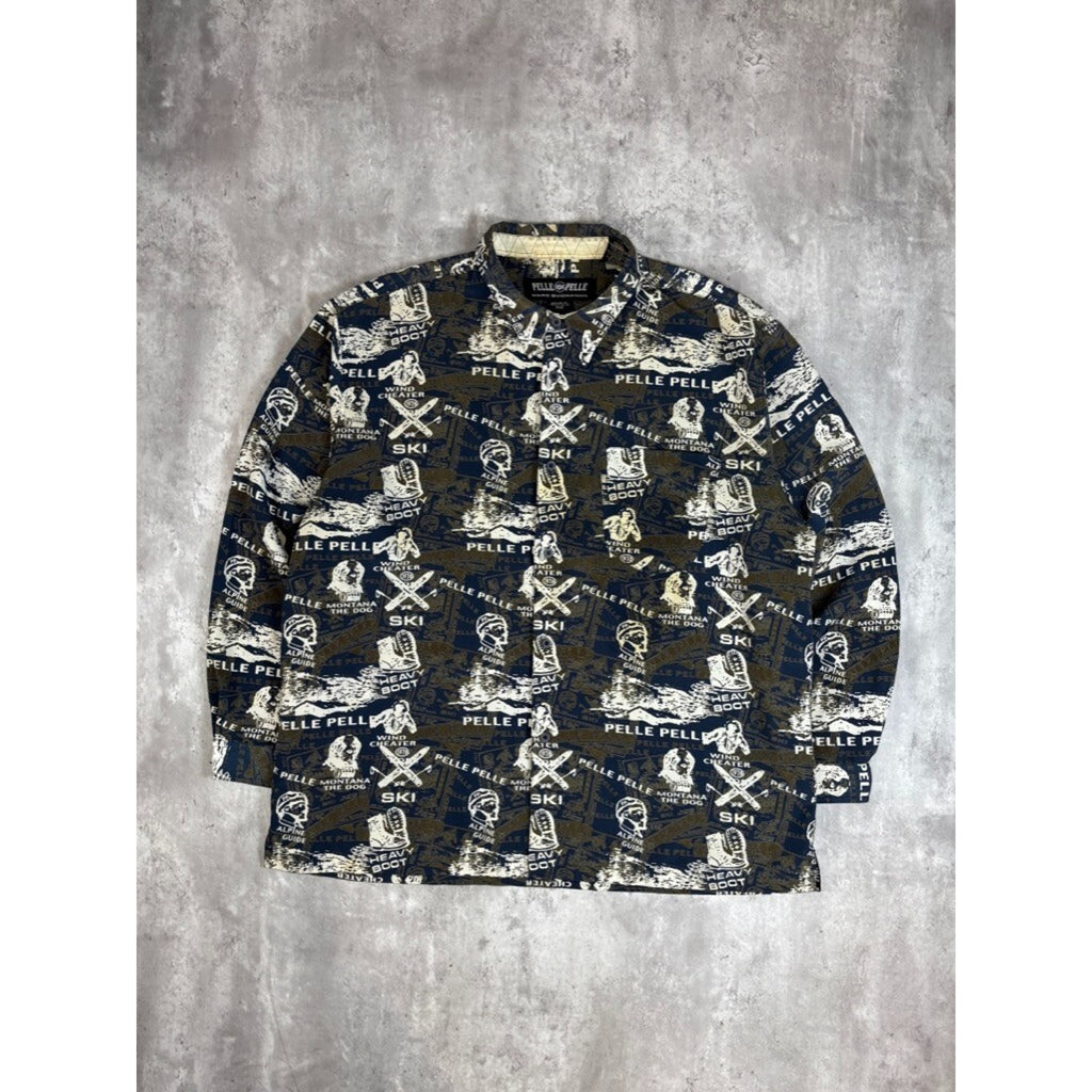 Vintage Y2K Pelle Pelle Ski All Over Print Long Sleeve Button Up Shirt Size XXL